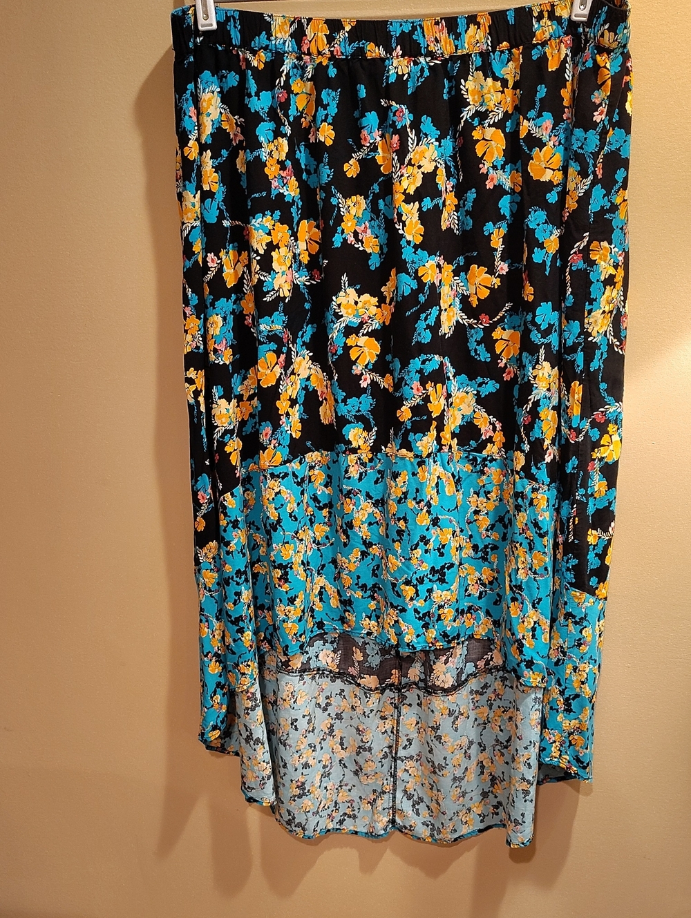 Lane Bryant Y2K Sz 22/24 Black High-Low Skirt Turquoise Yellow Floral Print WM&V